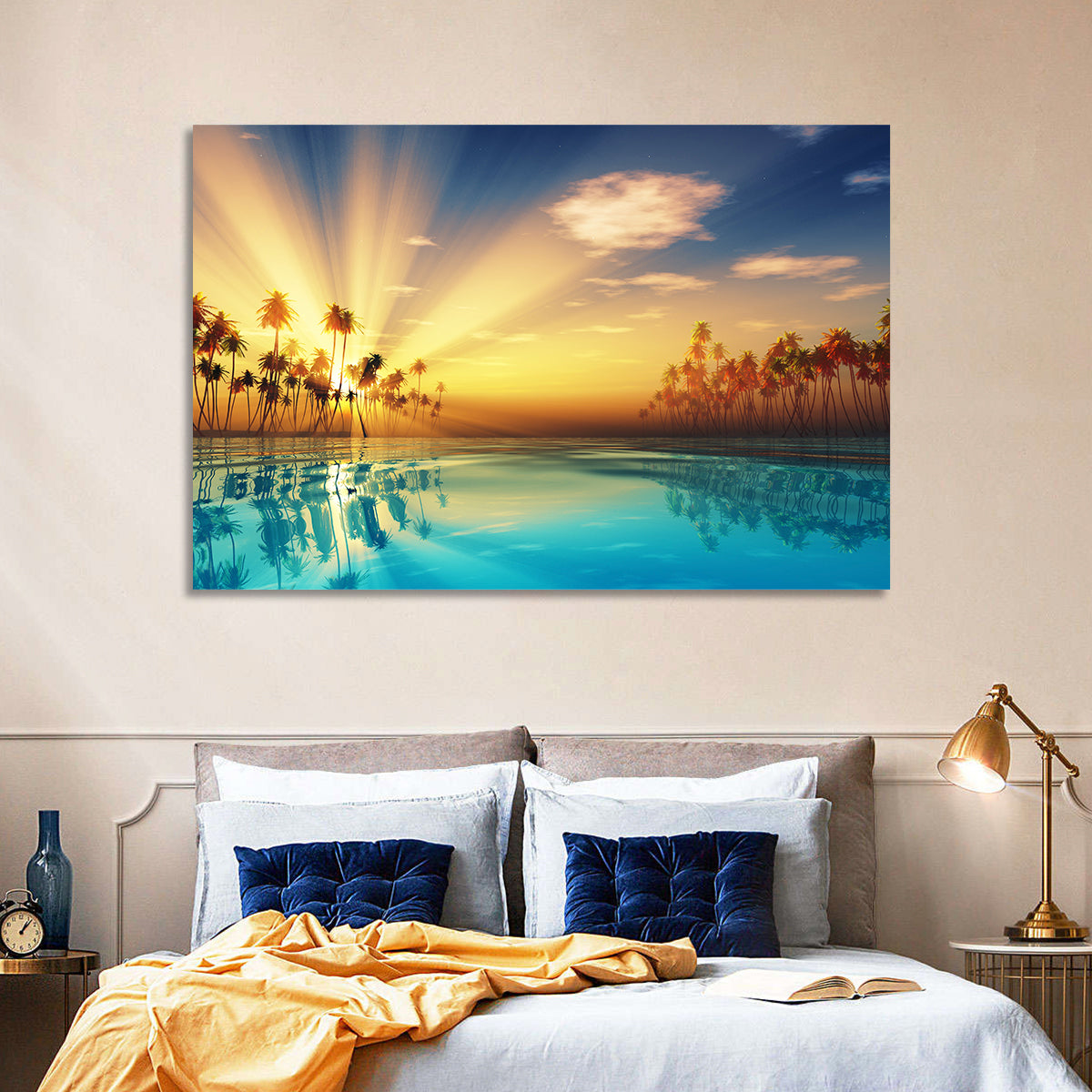 Turquoise Sunset Over Palm Island Wall Art in a room, landscape