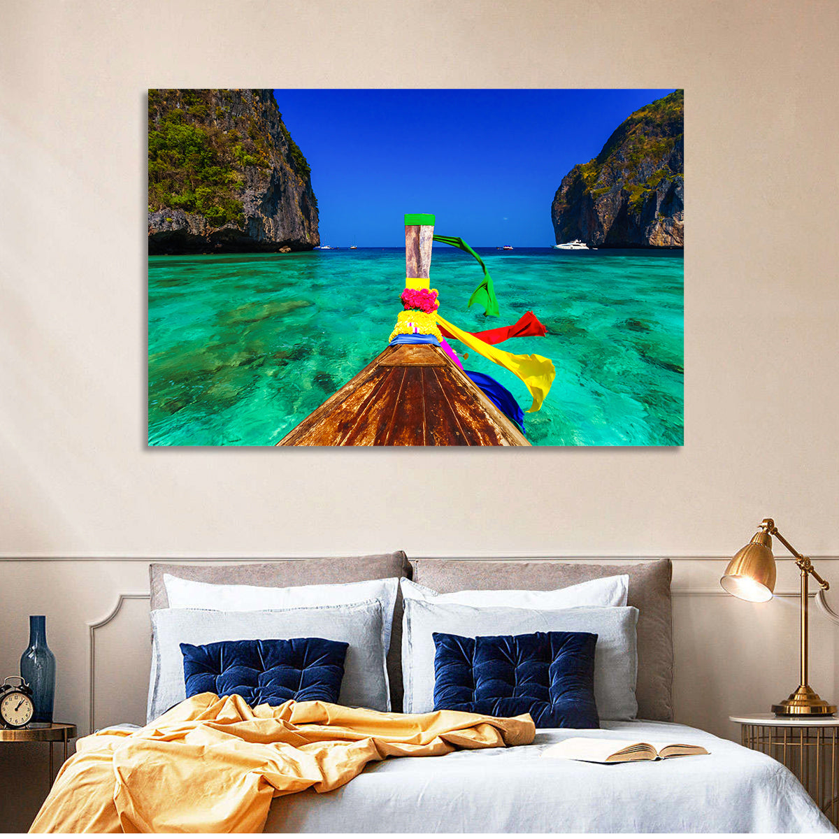 Maya Bay Long-tail Boat Wall Art in a room, landscape