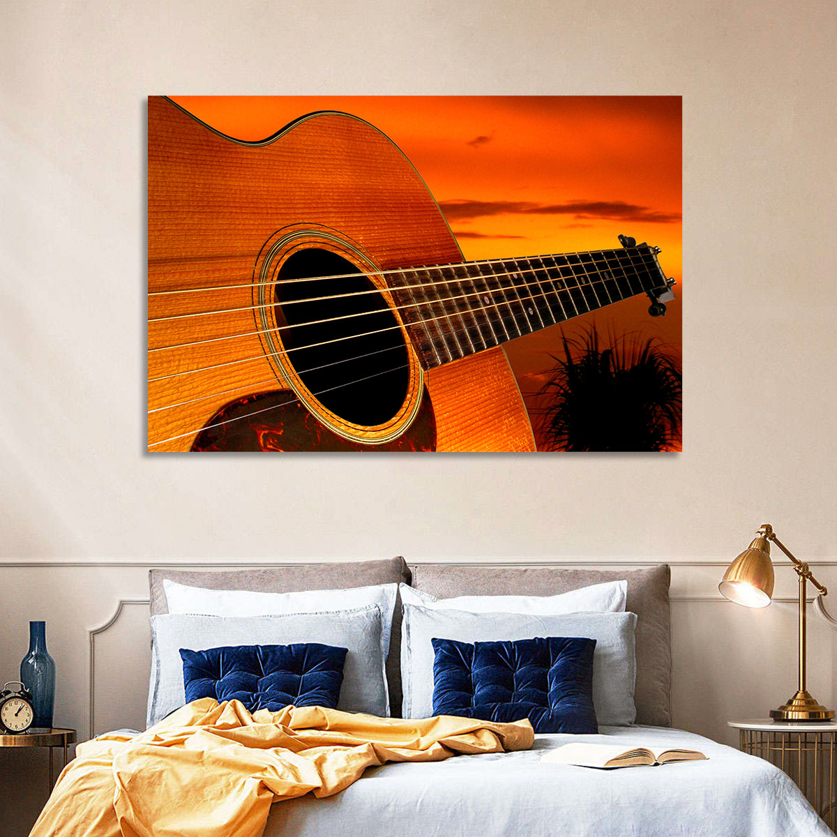Sunset Acoustic Guitar Silhouette Wall Art