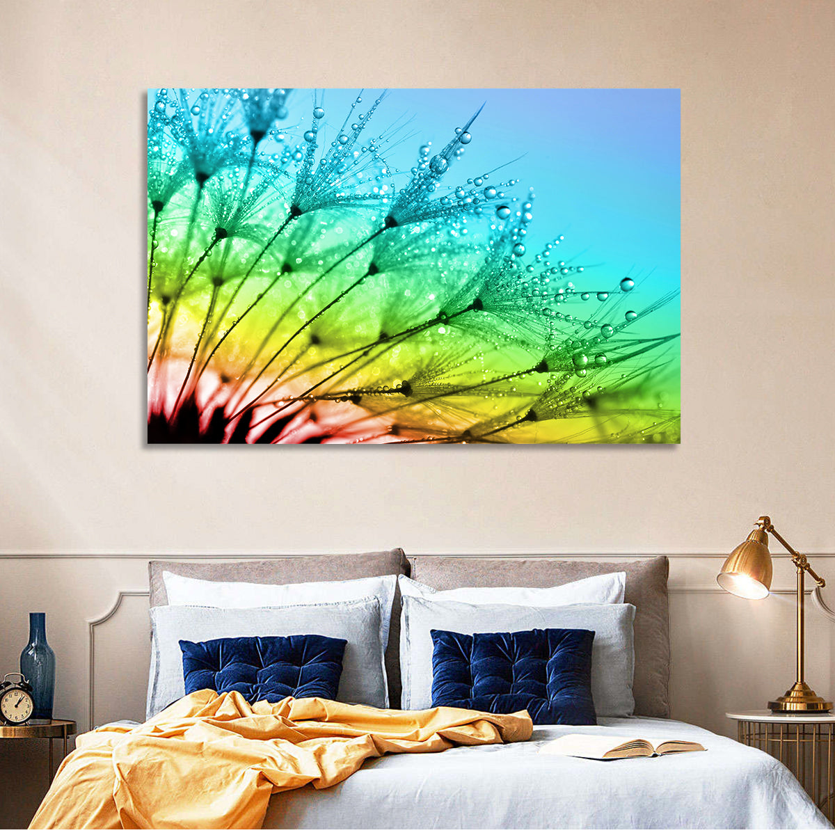 Dewy Dandelion Close-up Wall Art in a room, landscape
