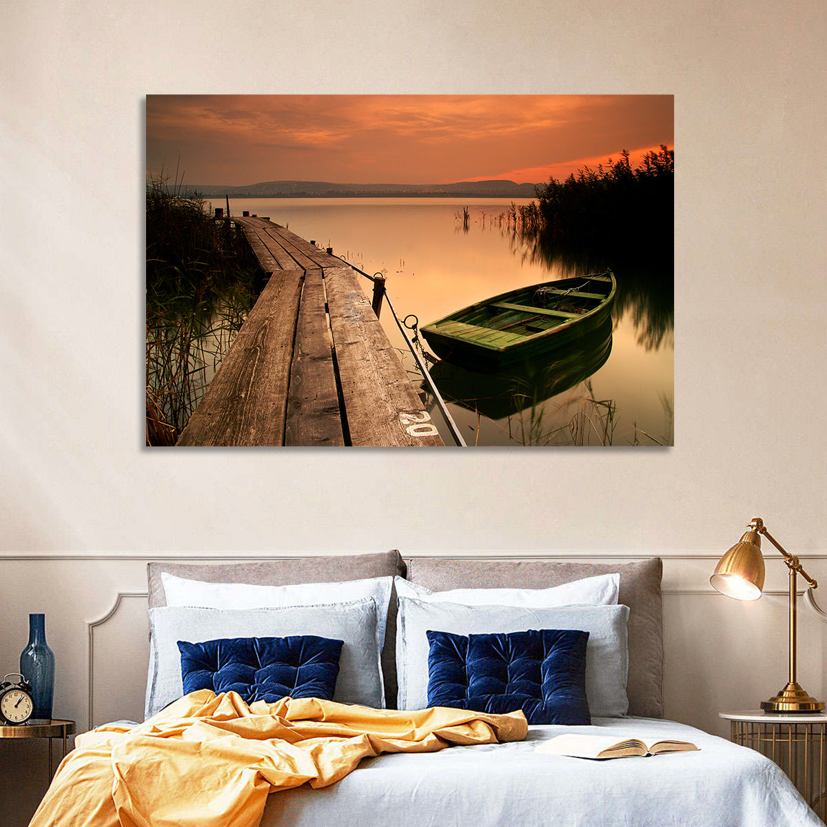Pier and Rowboat on Lake Balaton Wall Art in a room, landscape