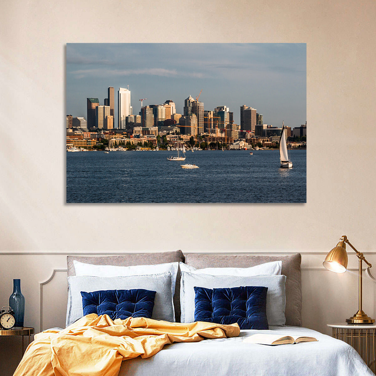Seattle Skyline at Golden Hour Wall Art in a room, landscape