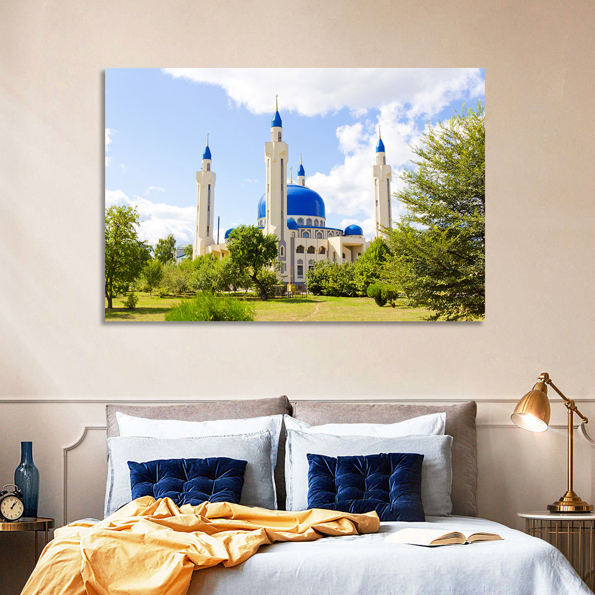 Blue Domed Mosque with Golden Minarets Wall Art in a room, landscape
