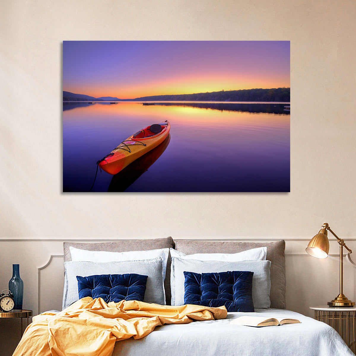 Bright Orange Kayak at Sunset Wall Art in a room, landscape