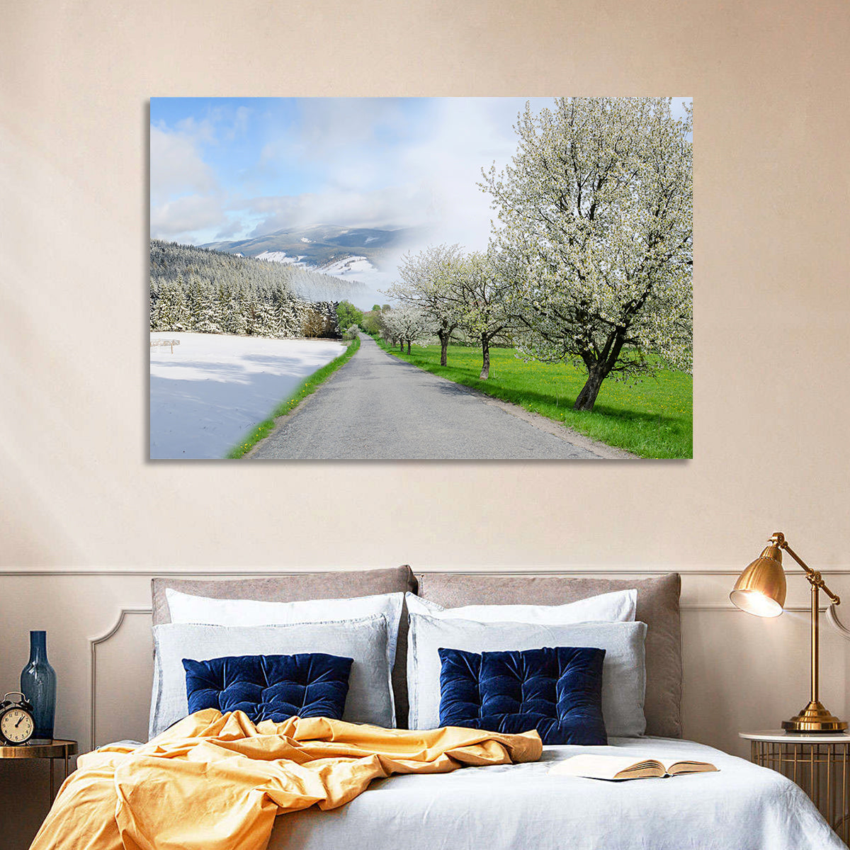 Season Change Road to Snowy Mountain Wall Art in a room, landscape