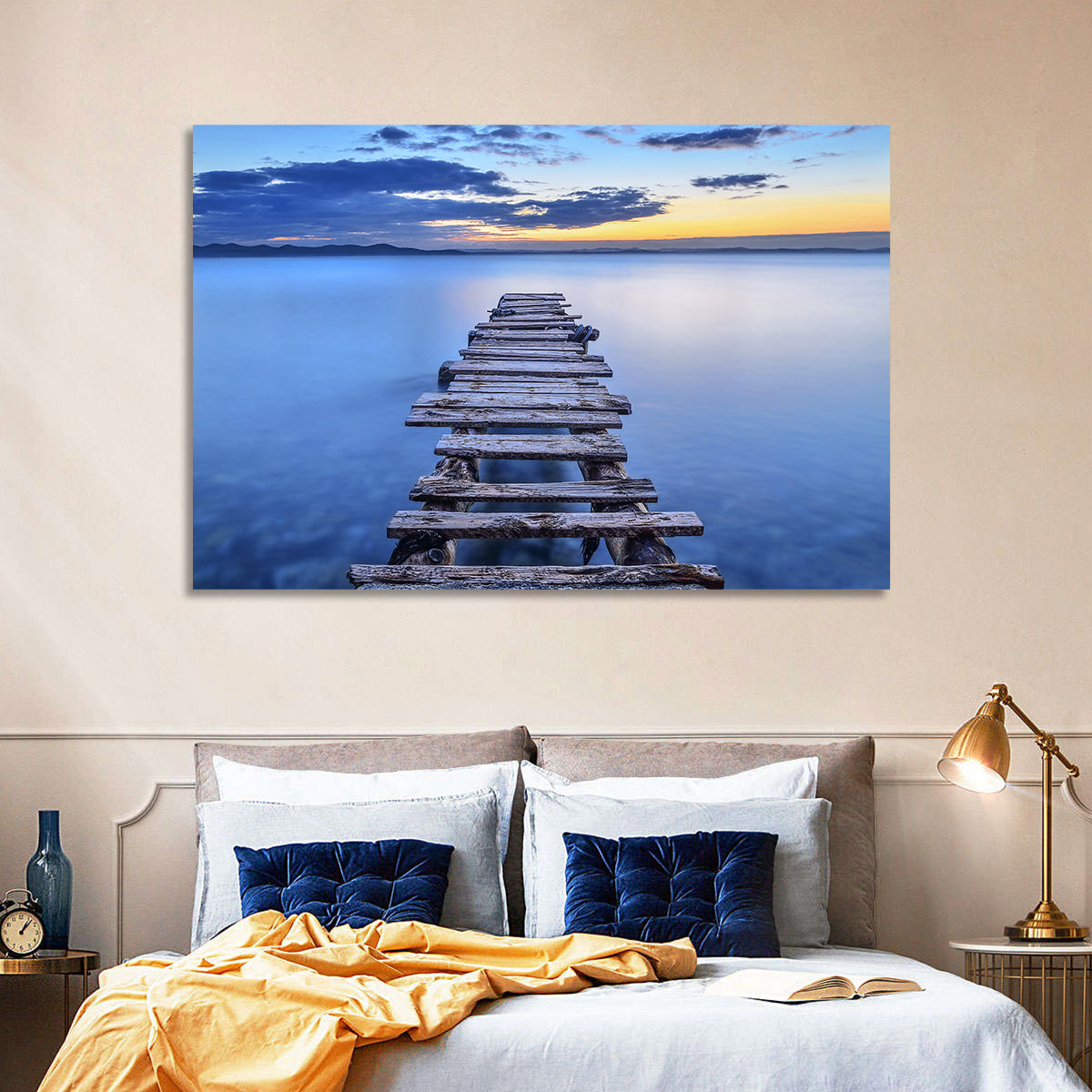 Weathered Lake Pier at Dusk Wall Art in a room, landscape