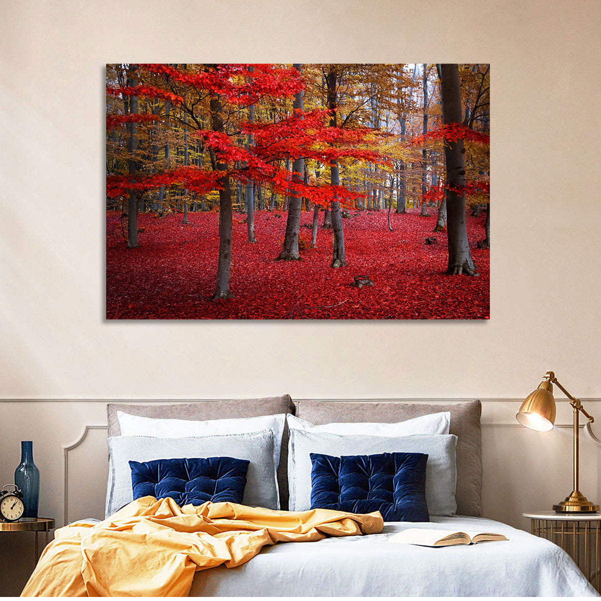 Crimson Autumn Forest Wall Art in a room, landscape
