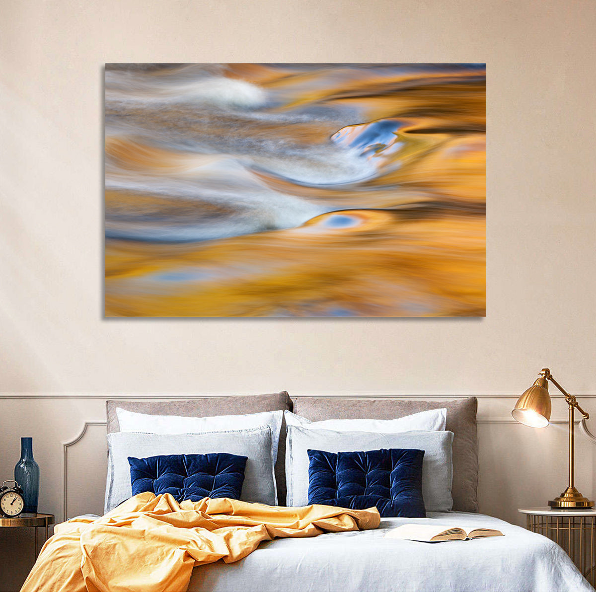 Golden Water Abstraction Wall Art in a room, landscape