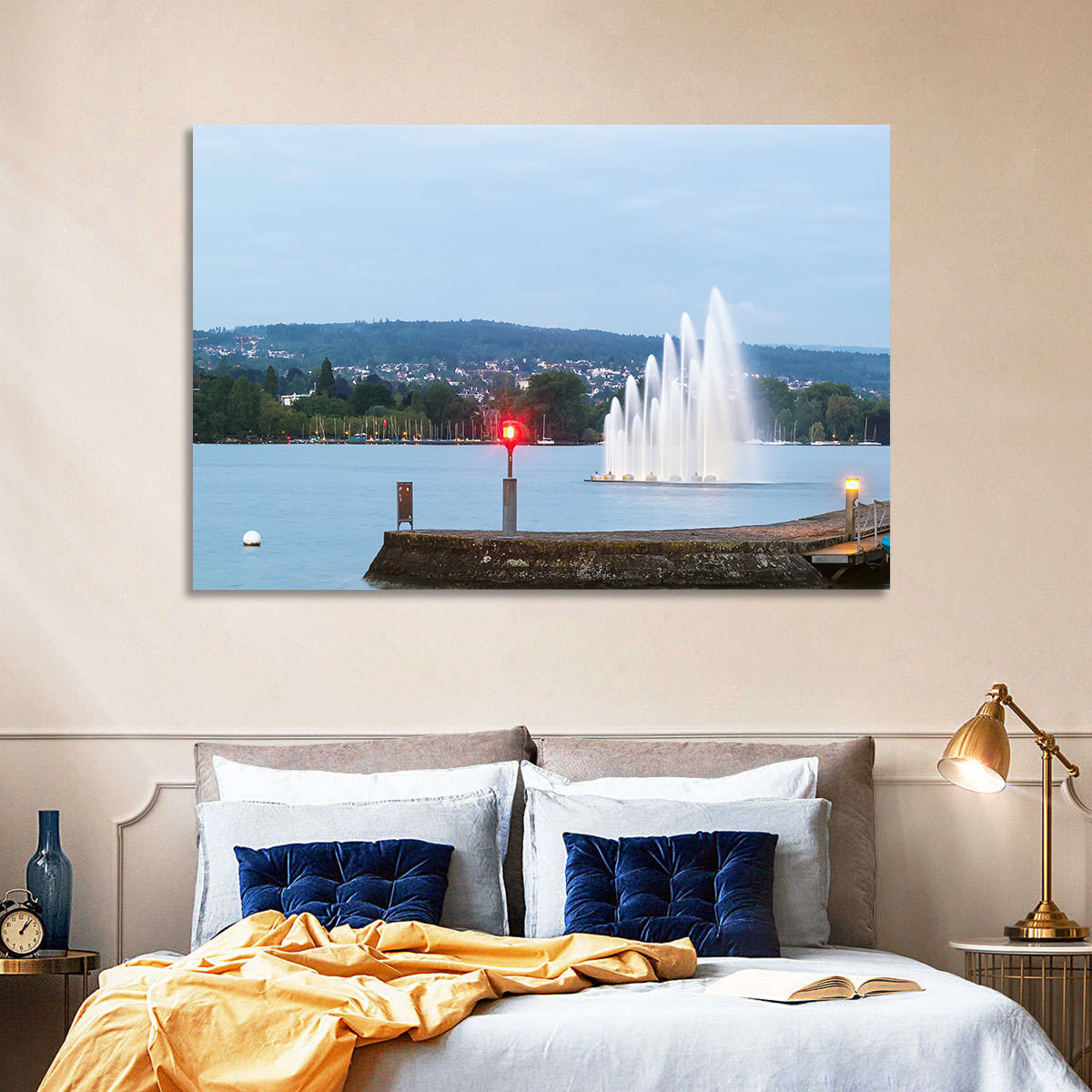 Lake Zurich Fountain at Dusk Wall Art in a room, landscape