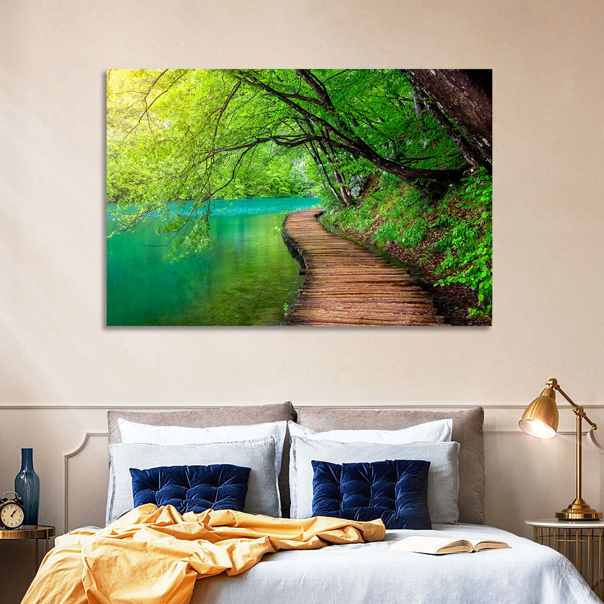 Plitvice Lakes Boardwalk Wall Art in a room, landscape