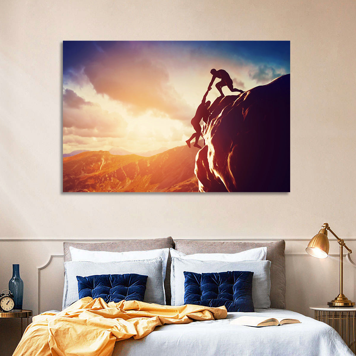 Two Hikers Summit Assist at Sunset Wall Art in a room, landscape