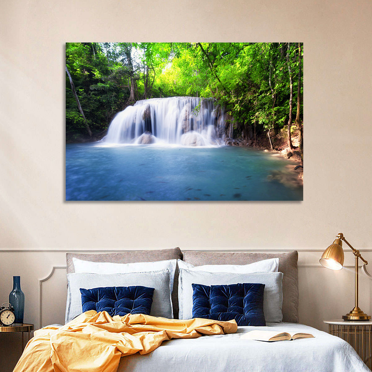 Erawan Waterfall Emerald Pool Wall Art in a room, landscape