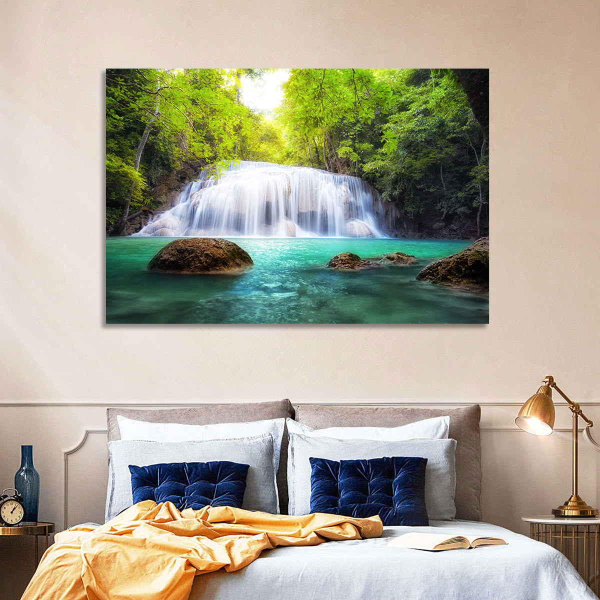 Erawan Falls Turquoise Waterfall Wall Art in a room, landscape