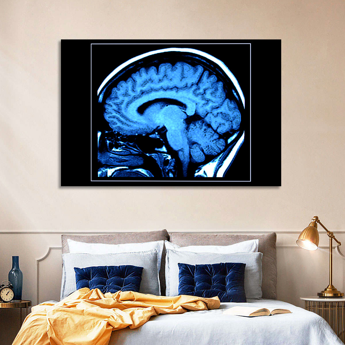 Sagittal Brain Mri Scan in Blue Wall Art in a room, landscape