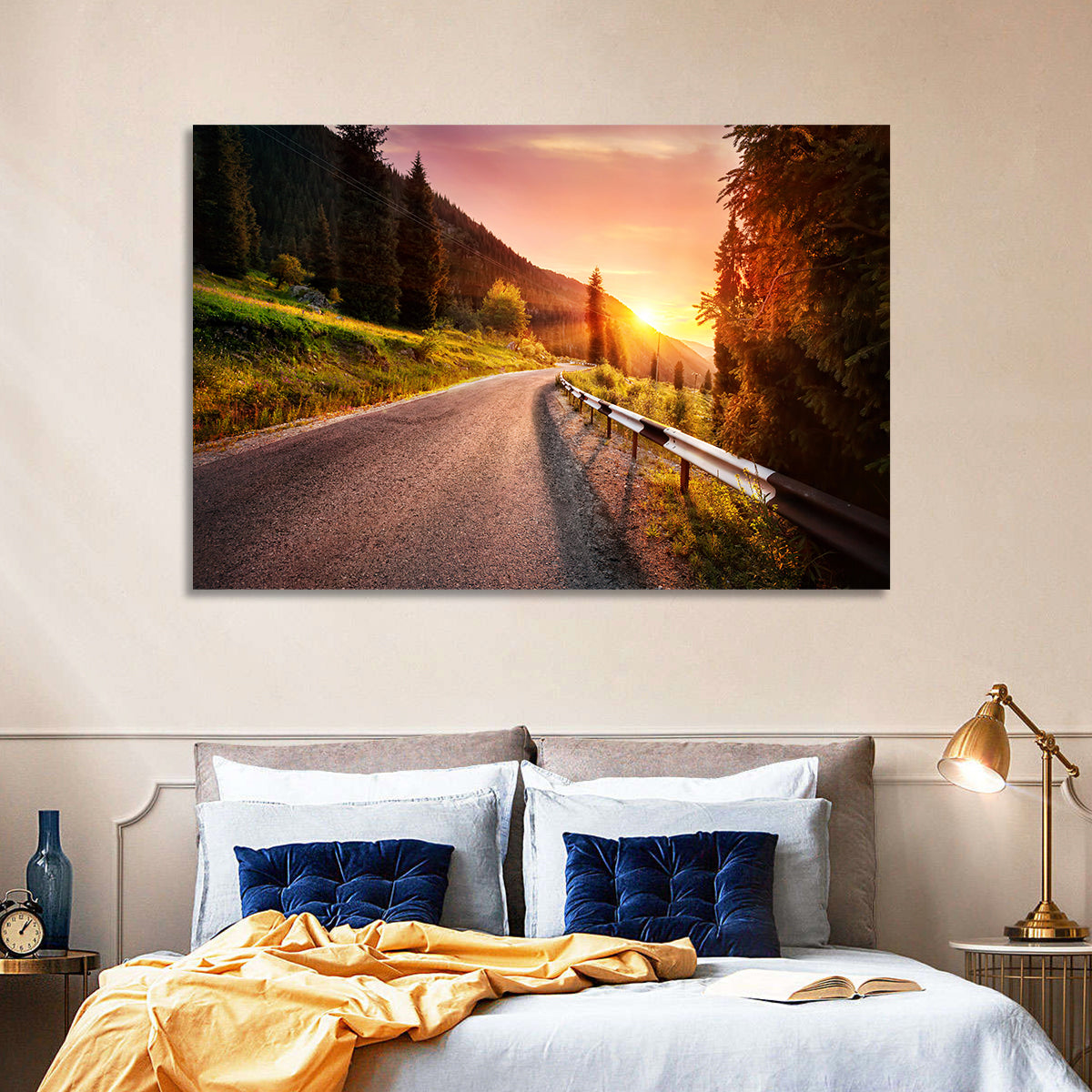 Golden Hour Mountain Road Wall Art in a room, landscape