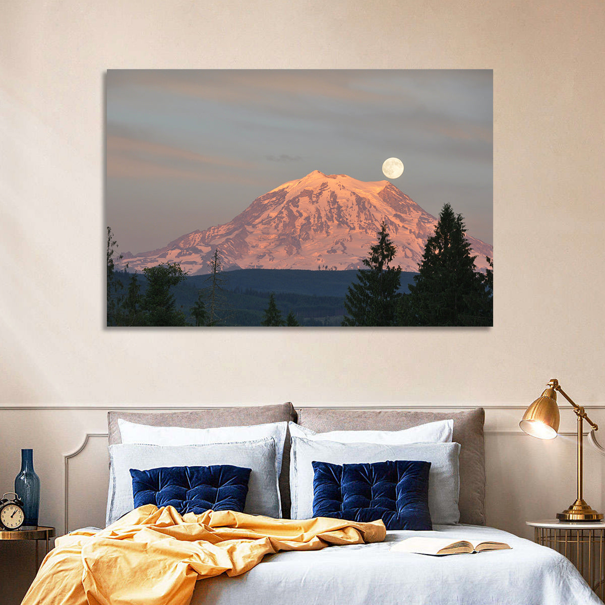 Mount Rainier Alpenglow with Full Moon Wall Art in a room, landscape