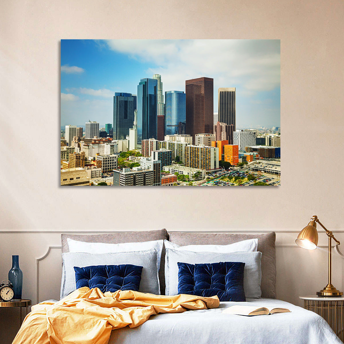 Downtown Los Angeles Skyline Cityscape Wall Art in a room, landscape