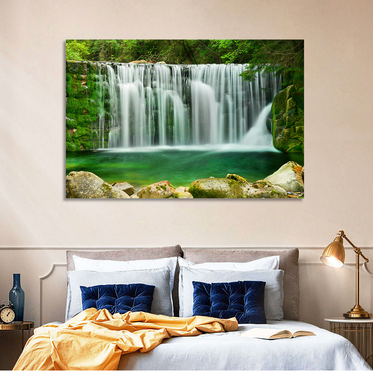 Emerald Lake Waterfall Wall Art in a room, landscape