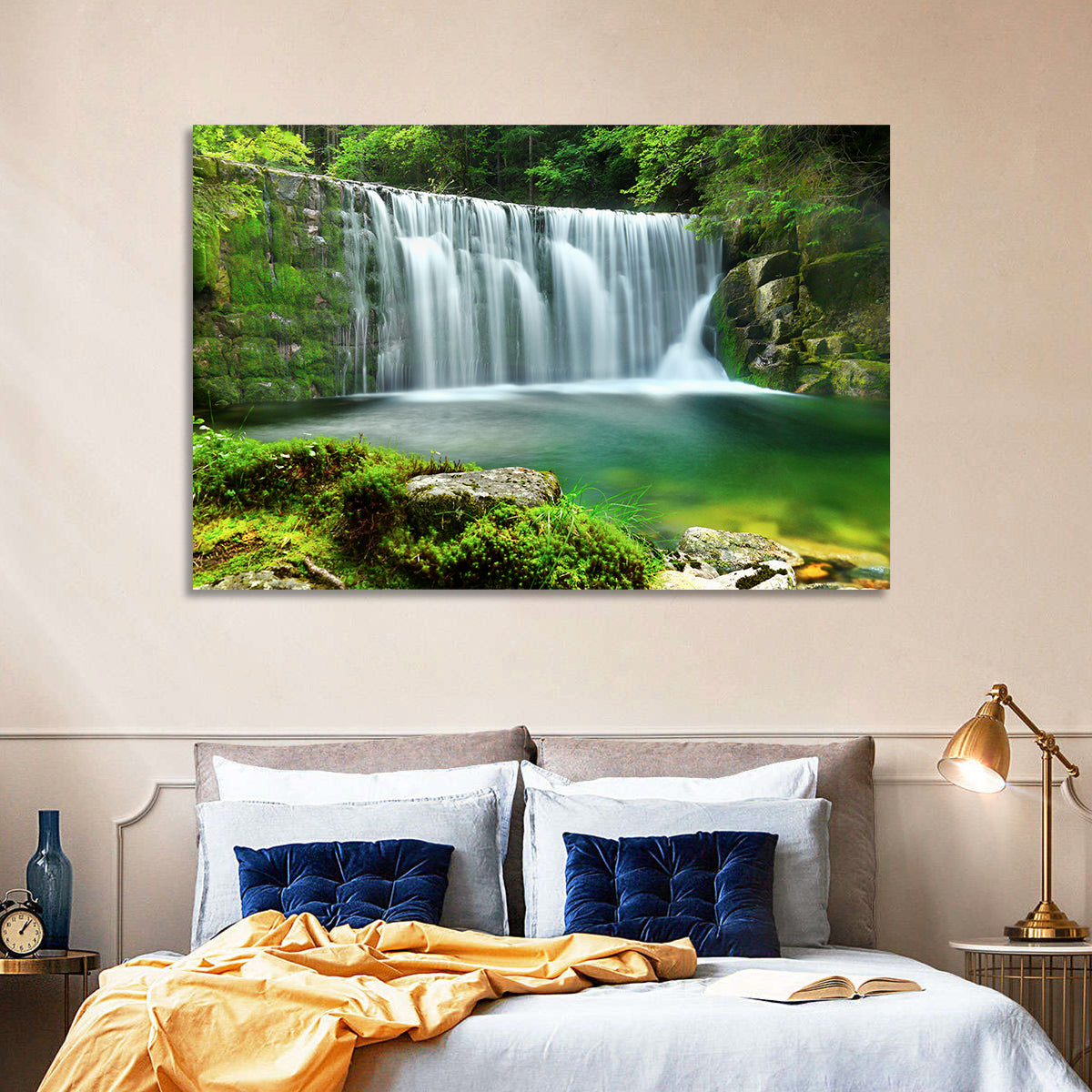 Emerald Forest Waterfall with Mossy Stones Wall Art in a room, landscape