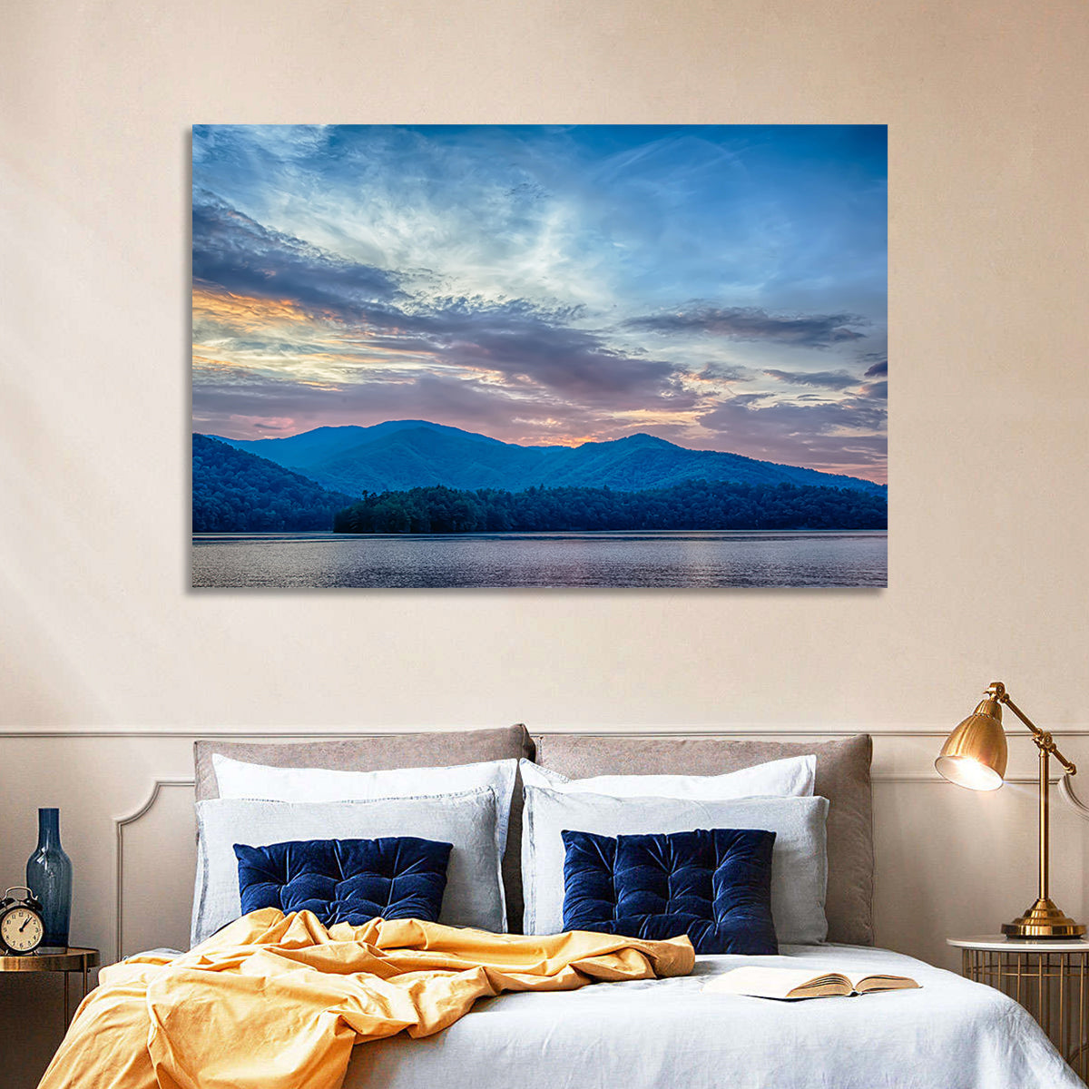 Lake Santeetlah Sunset Glow Wall Art in a room, landscape