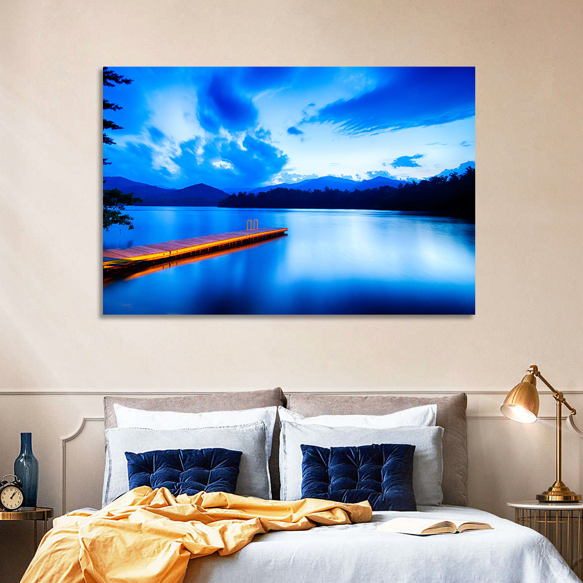 Lake Santeetlah Pier at Dusk Wall Art in a room, landscape