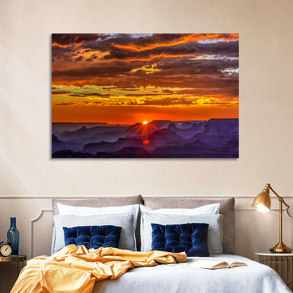 Lipan Point Sunset Sunburst Wall Art in a room, landscape