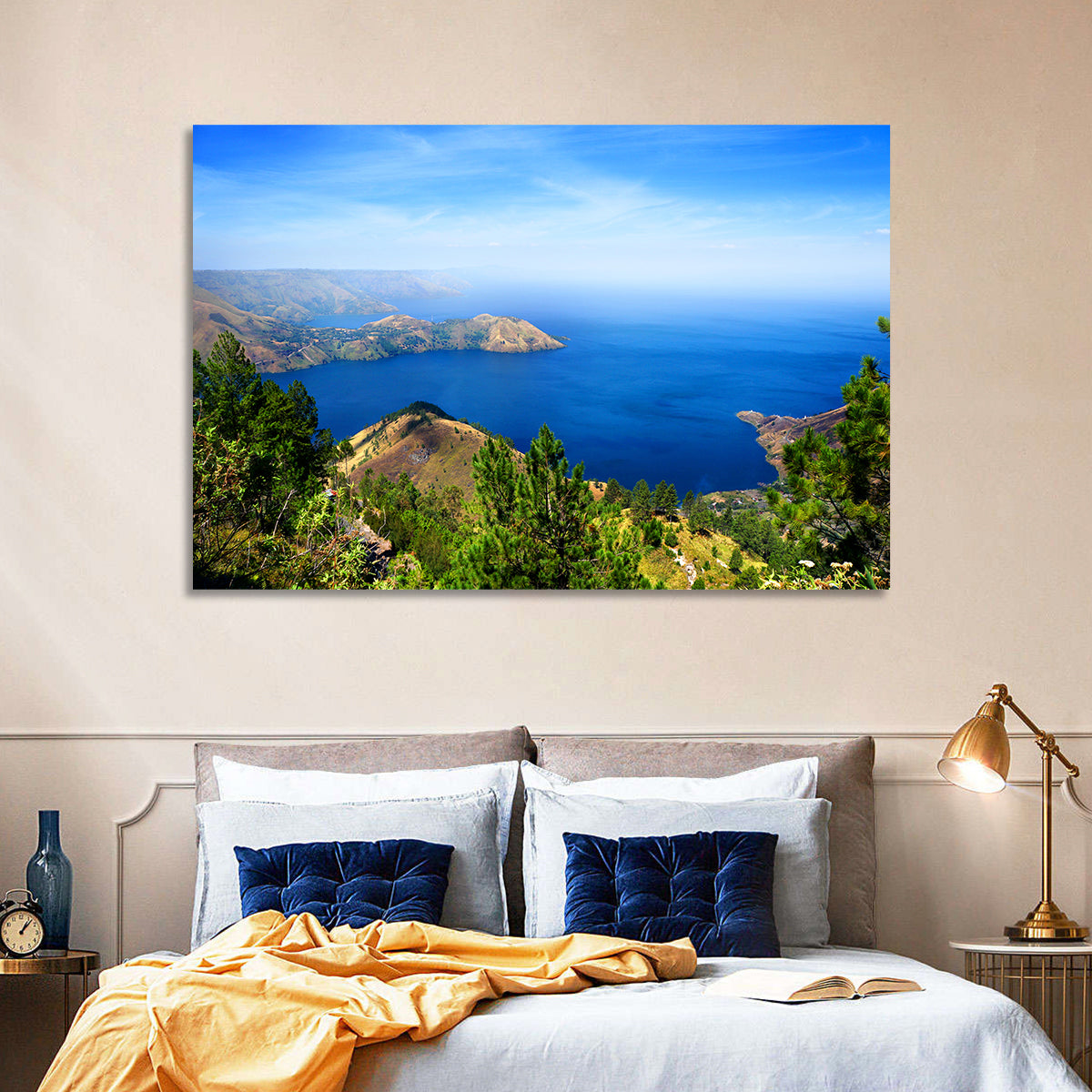 Lake Toba Aerial View Wall Art in a room, landscape
