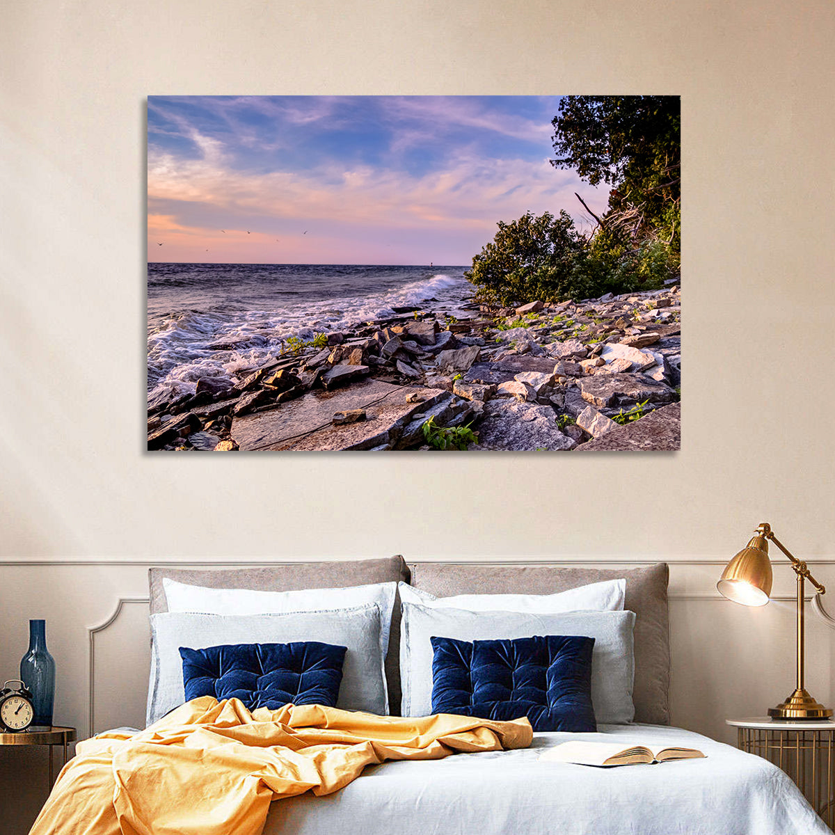 Lake Michigan Rocky Shoreline at Dusk Wall Art in a room, landscape