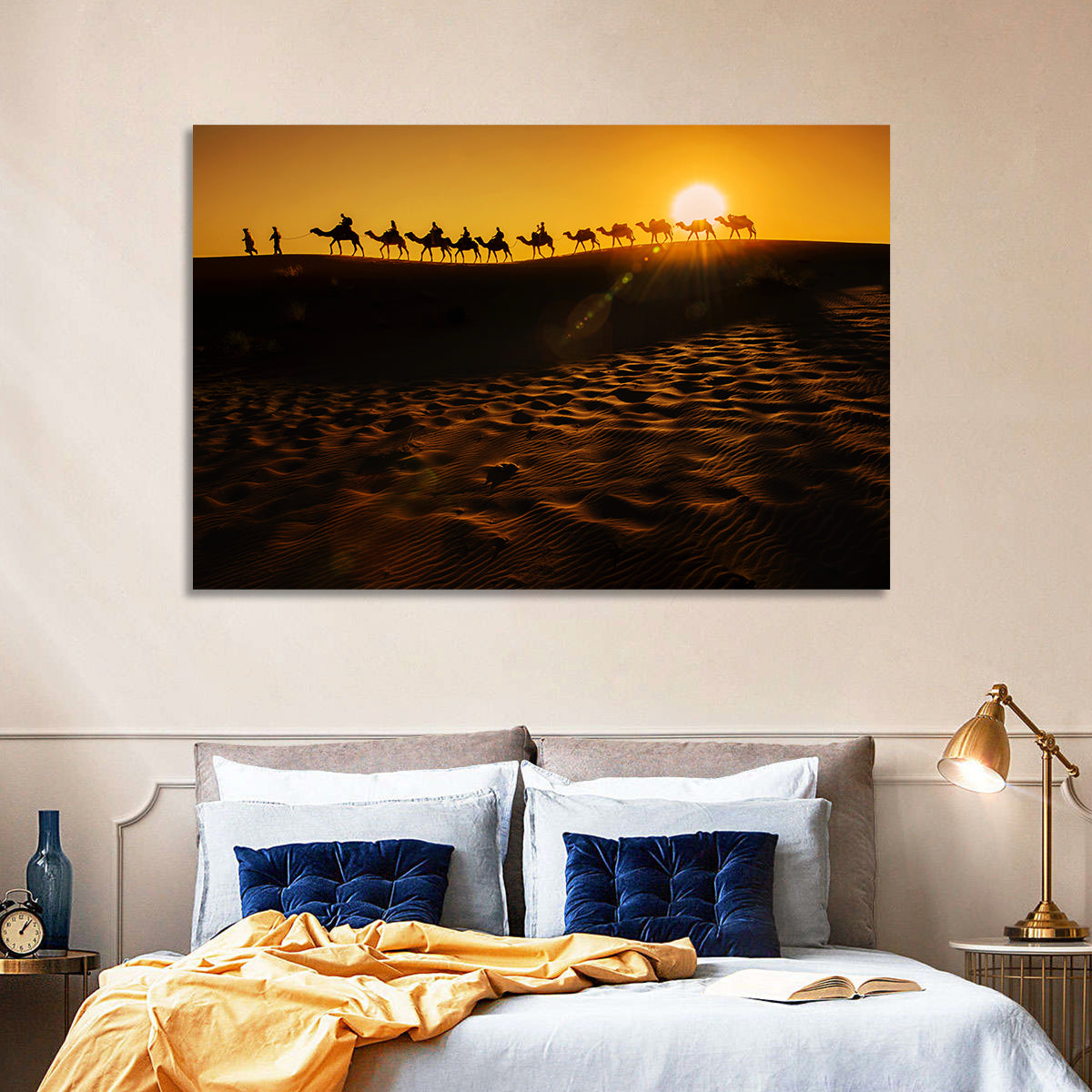 Camel Caravan Silhouette at Golden Sunset Wall Art in a room, landscape