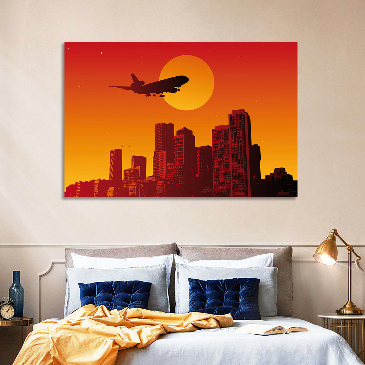 Tri Jet Sunset Skyline Wall Art in a room, landscape