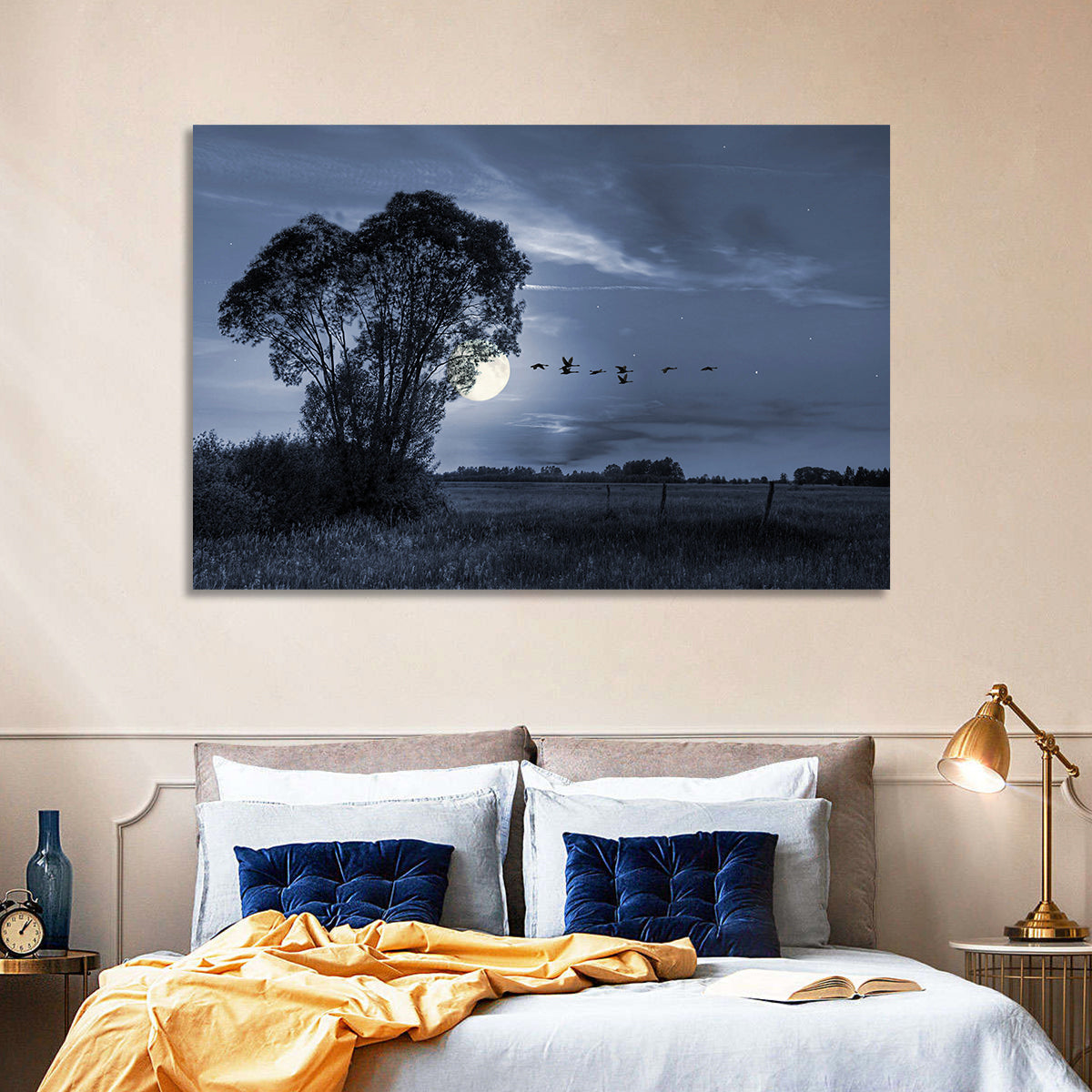 Moonlit Birds Over Quiet Field Wall Art in a room, landscape
