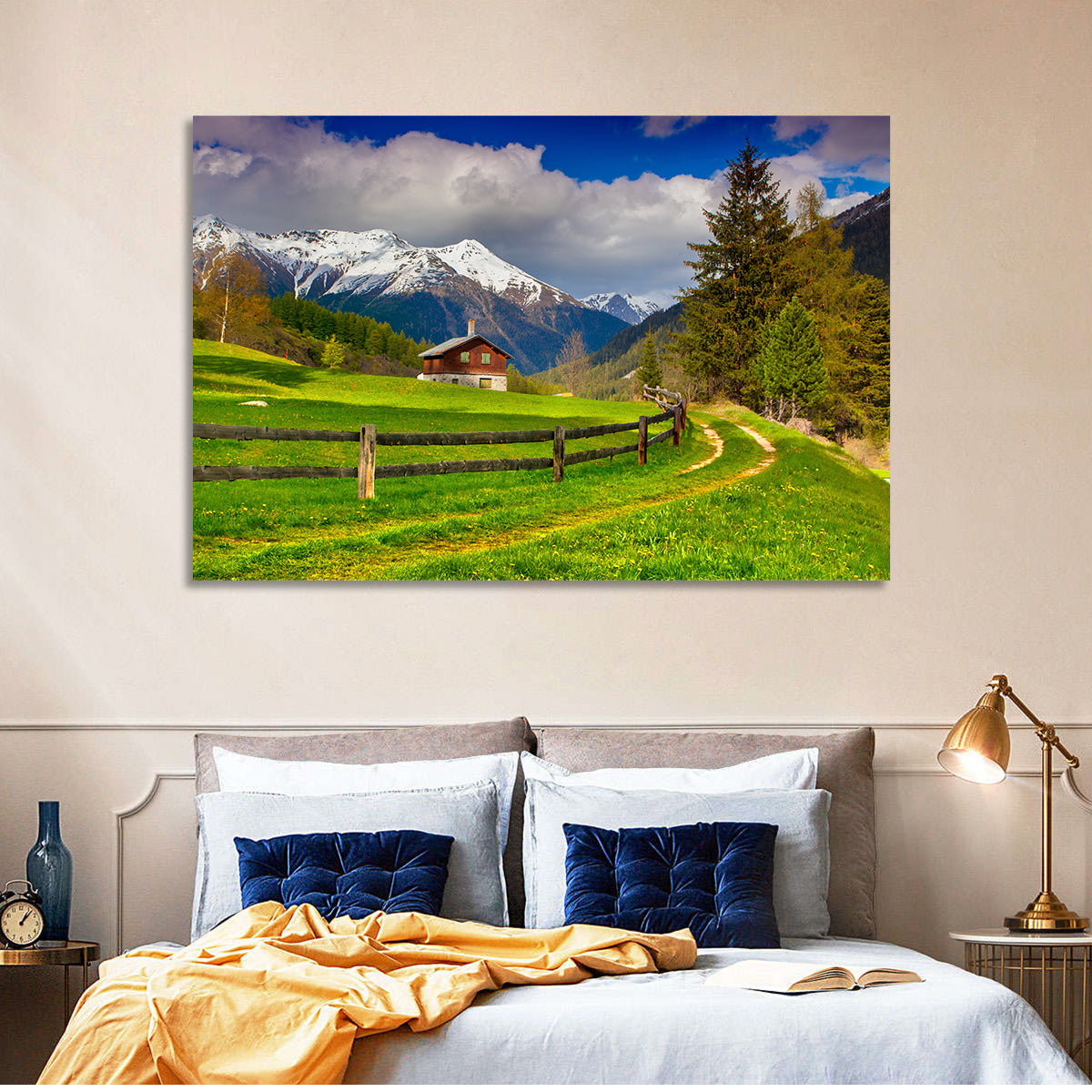 Alpine Meadow Cabin, Swiss Alps Wall Art in a room, landscape