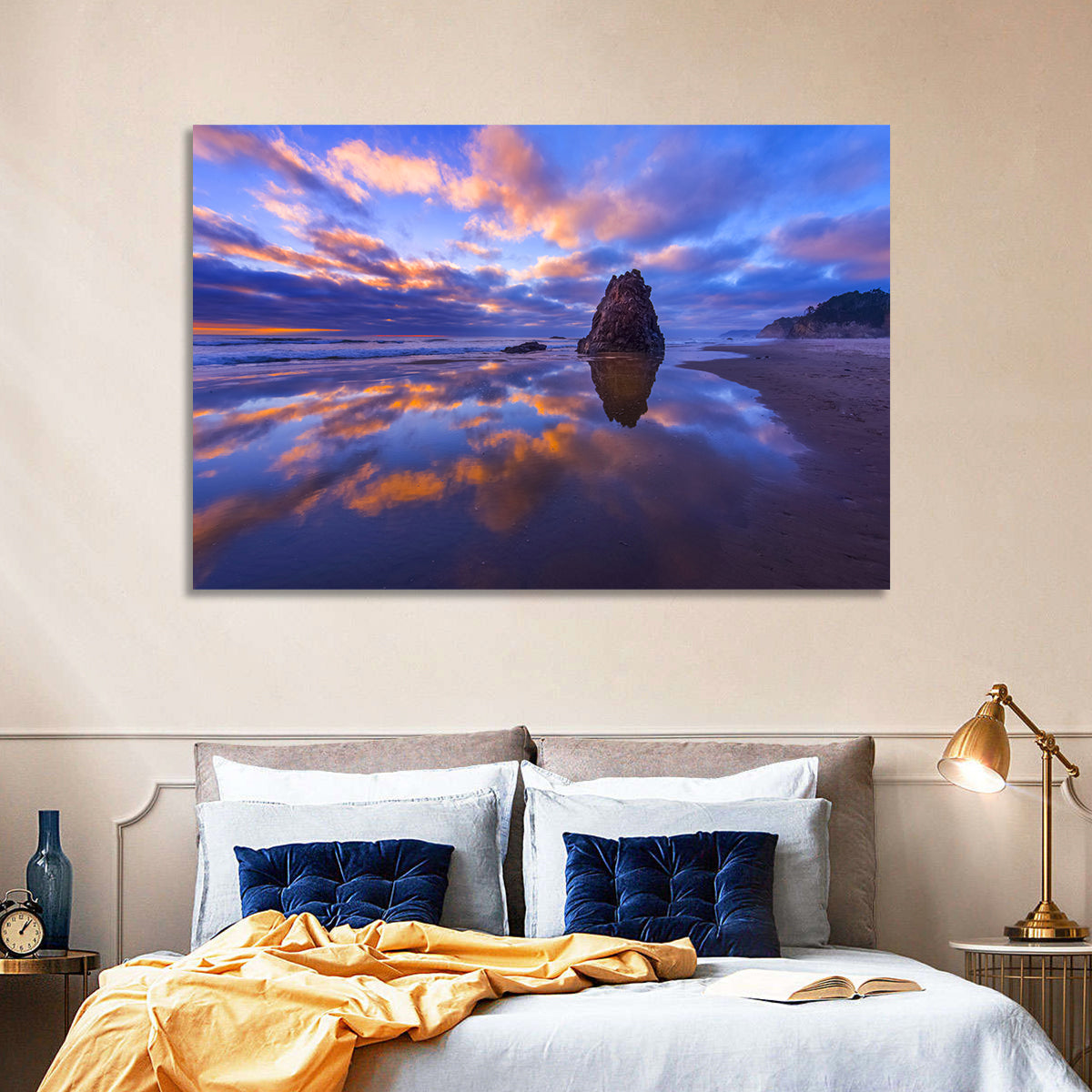 Oregon Coast Sea Stack Sunset Wall Art in a room, landscape