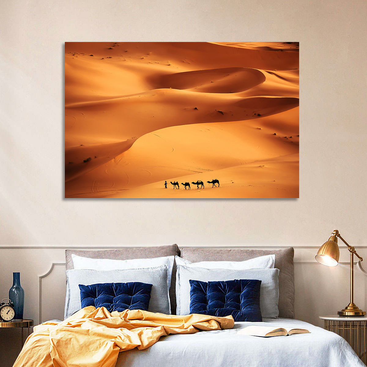 Desert Camel Caravan in Golden Dunes Wall Art in a room, landscape