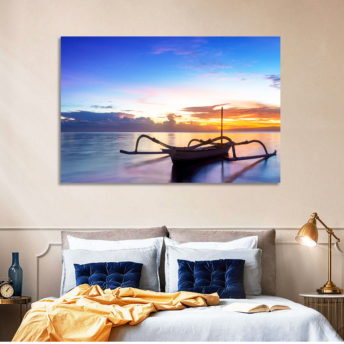 Jukung Fishing Boat at Sunset Wall Art in a room, landscape