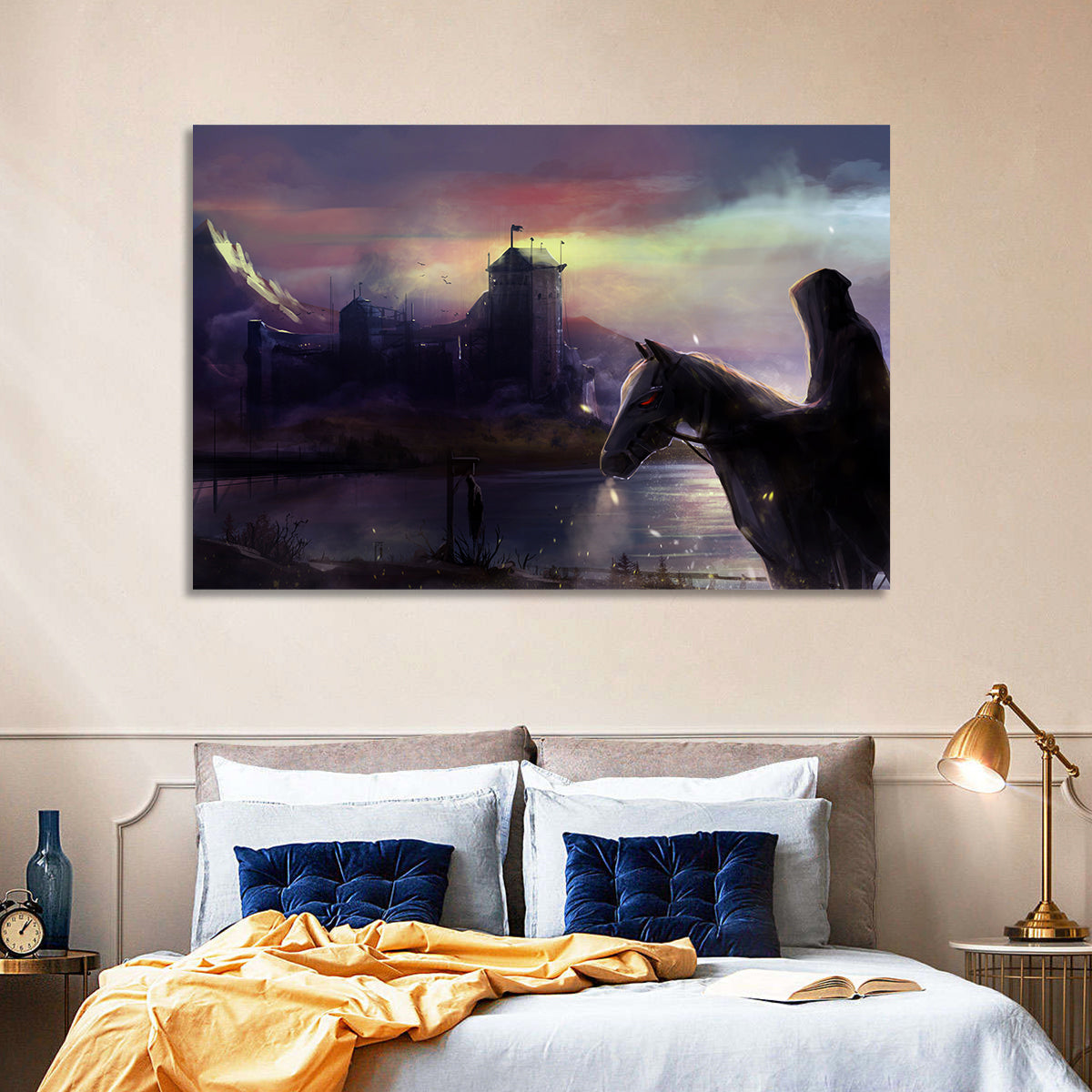 Horseman at Dusk by Misty Castle Wall Art in a room, landscape