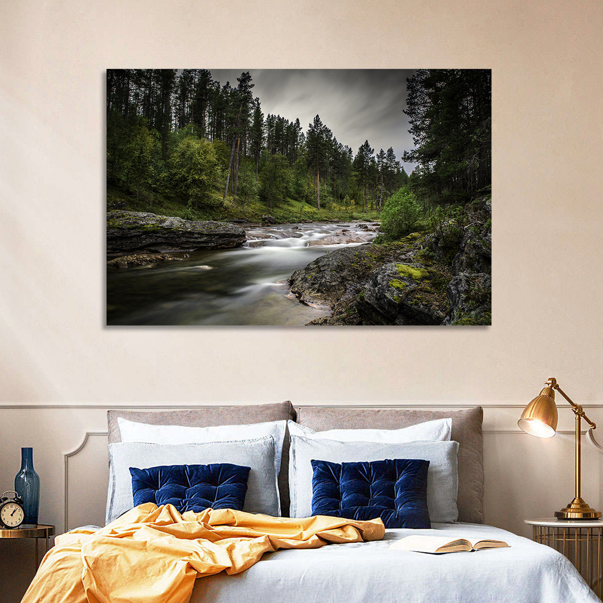 Mossy Forest Stream Wall Art in a room, landscape