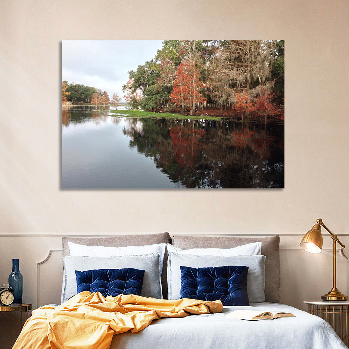 Autumn Lake Reflection Wall Art in a room, landscape