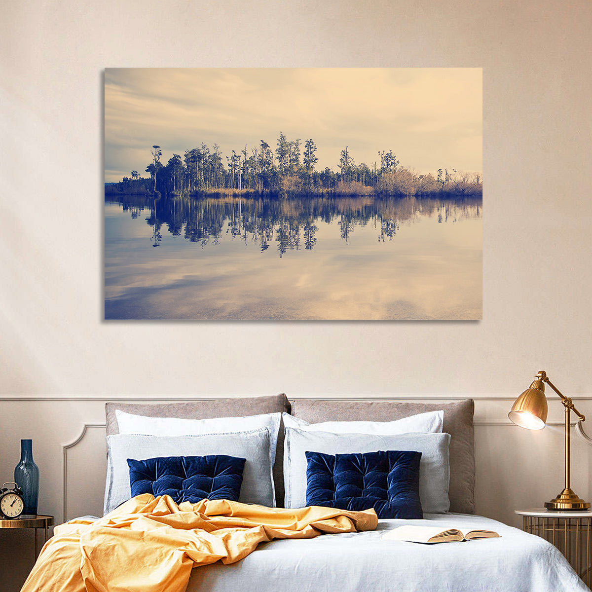 Sunset Over Forest Lake Wall Art in a room, landscape