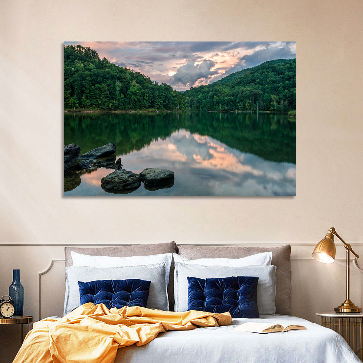 Martins Fork Lake Sunset Wall Art in a room, landscape