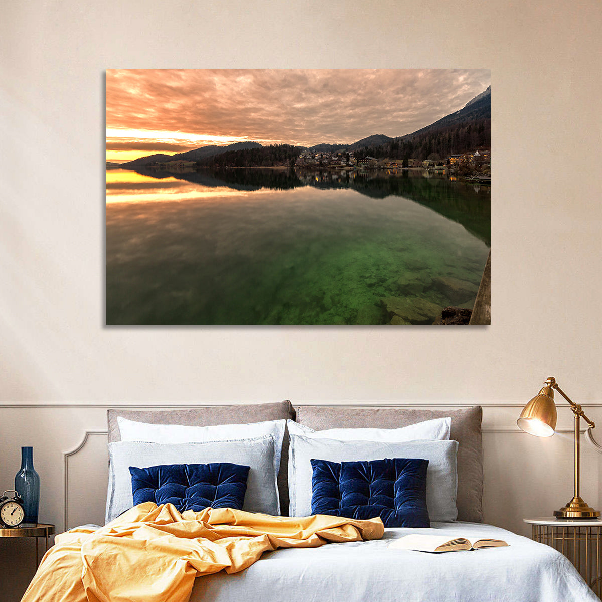 Fuschlsee Pier at Sunset Wall Art in a room, landscape