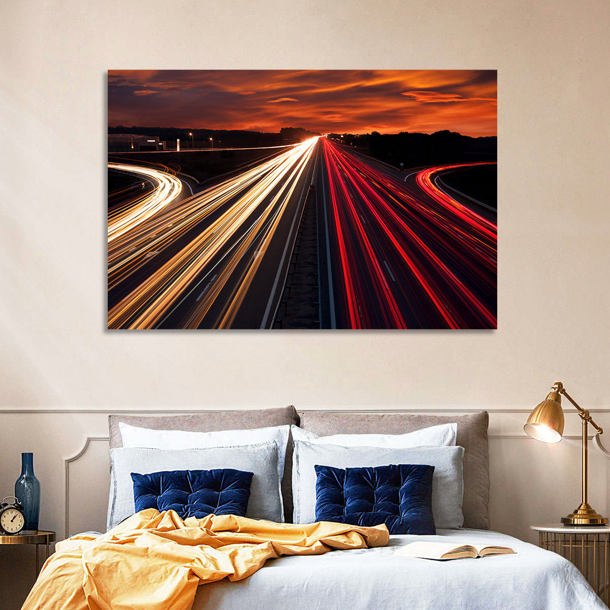 Sunset Highway Light Trails Wall Art in a room, landscape