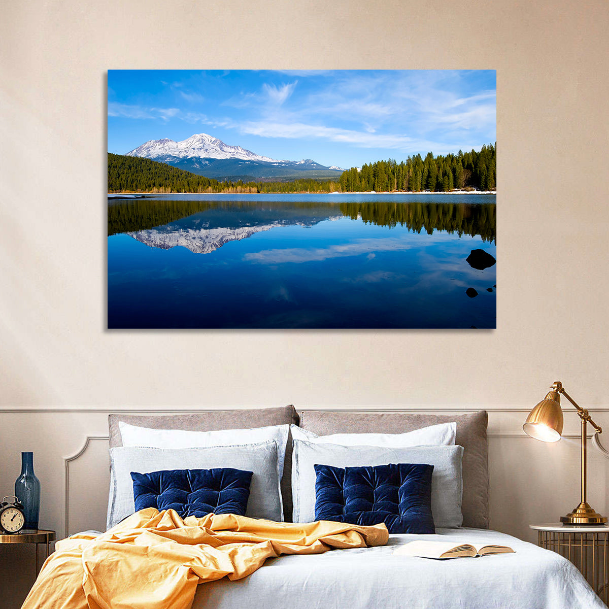 Northern California Snow Capped Lake Wall Art in a room, landscape