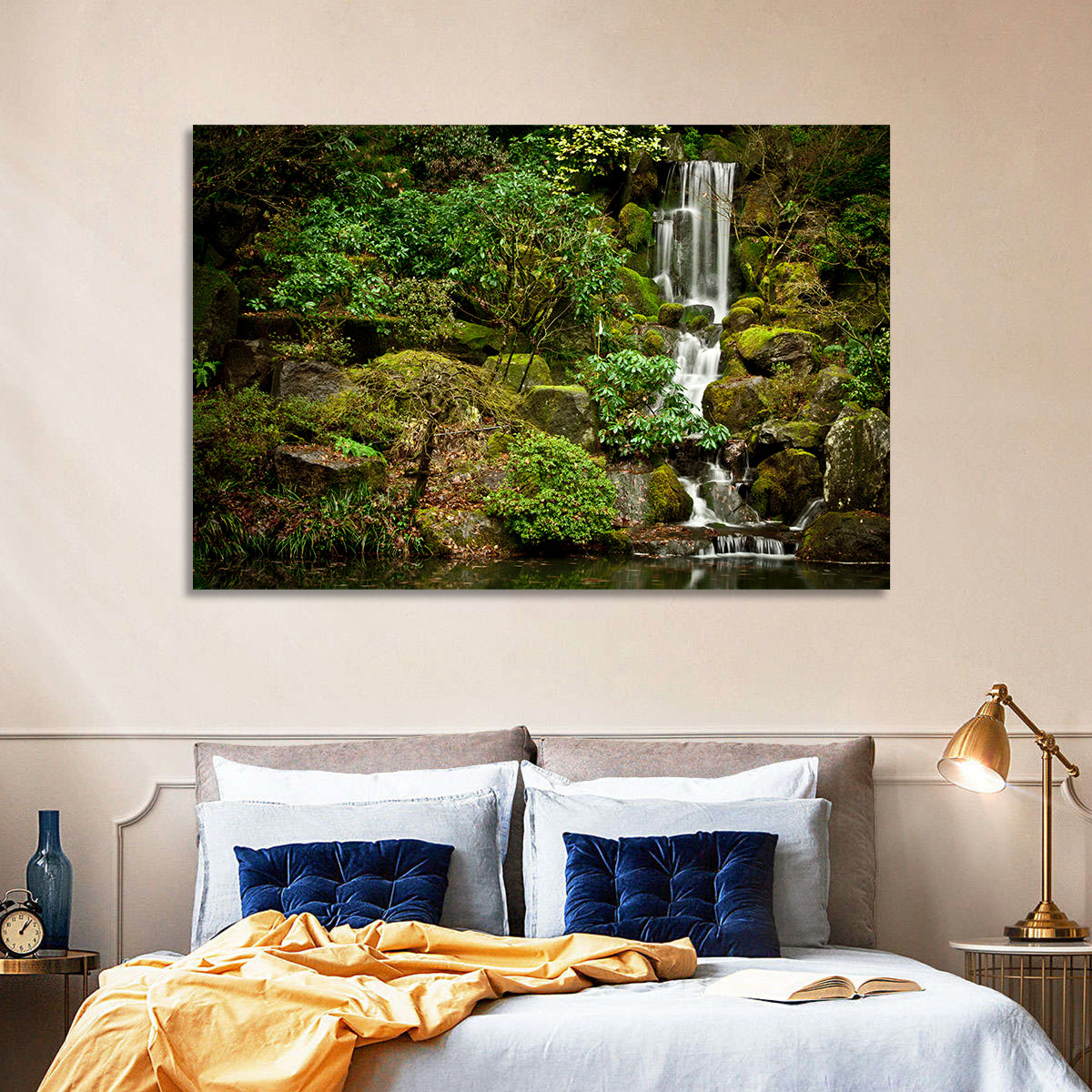 Secluded Mossy Waterfall Wall Art in a room, landscape
