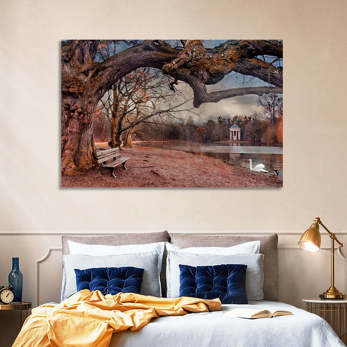 Autumn Pavilion with Swan Wall Art in a room, landscape