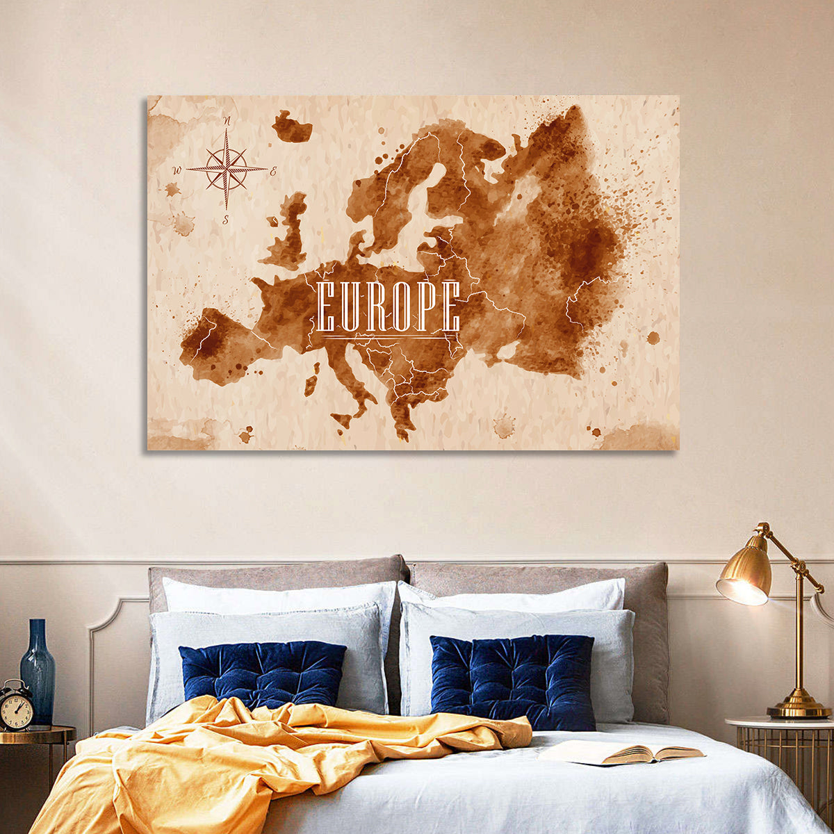 Retro Europe Map Wall Art in a room, landscape