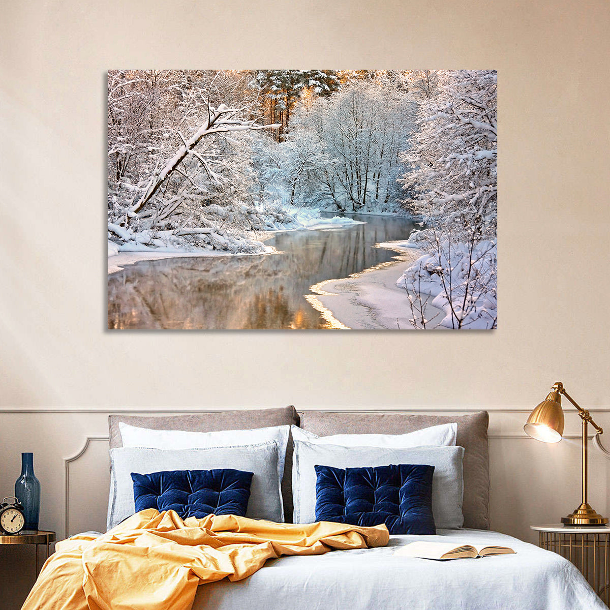 Snow-covered Stream at Golden Hour Wall Art