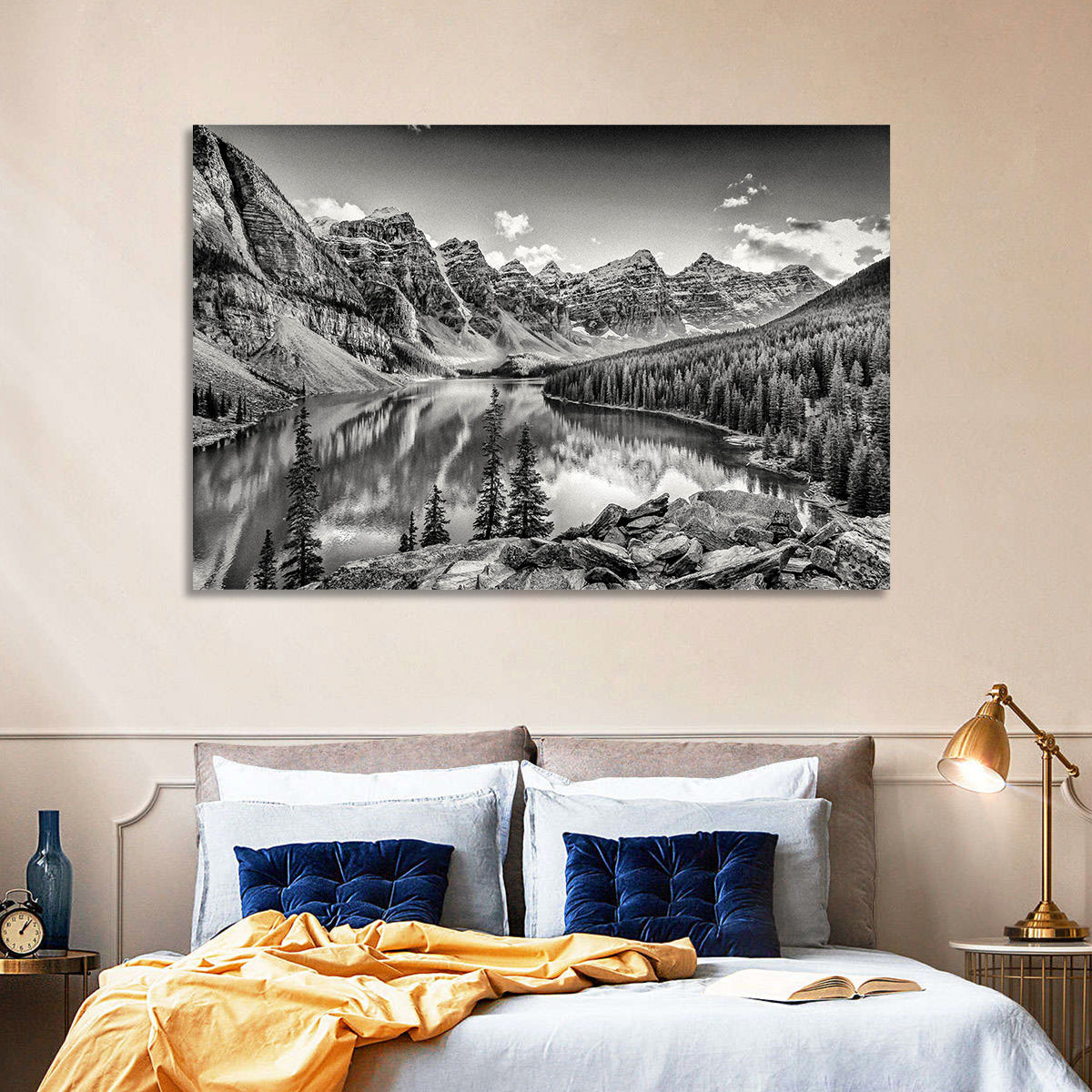 Moraine Lake Monochrome Mountain Landscape Wall Art in a room, landscape