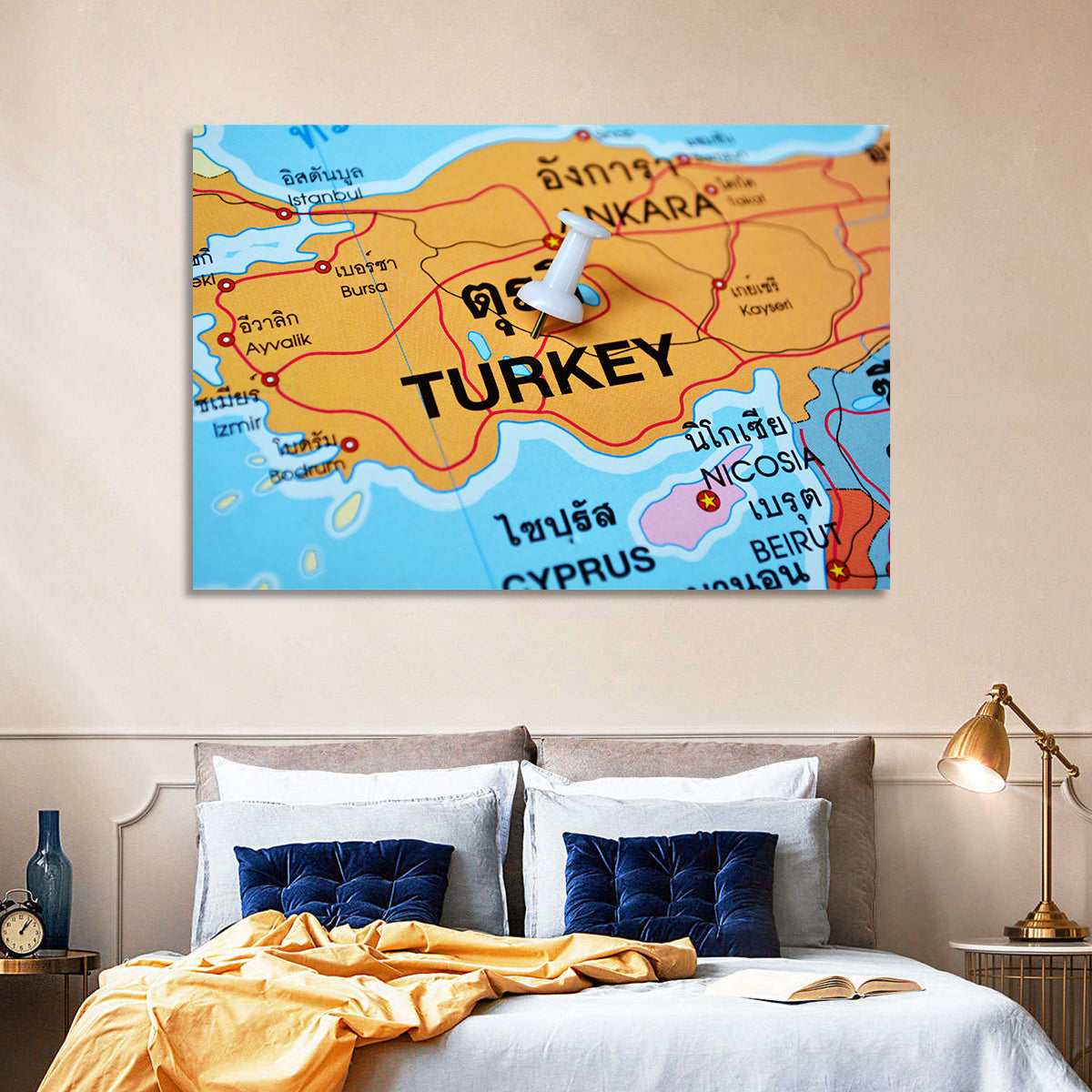 Turkey Map with Ankara Pin Wall Art in a room, landscape