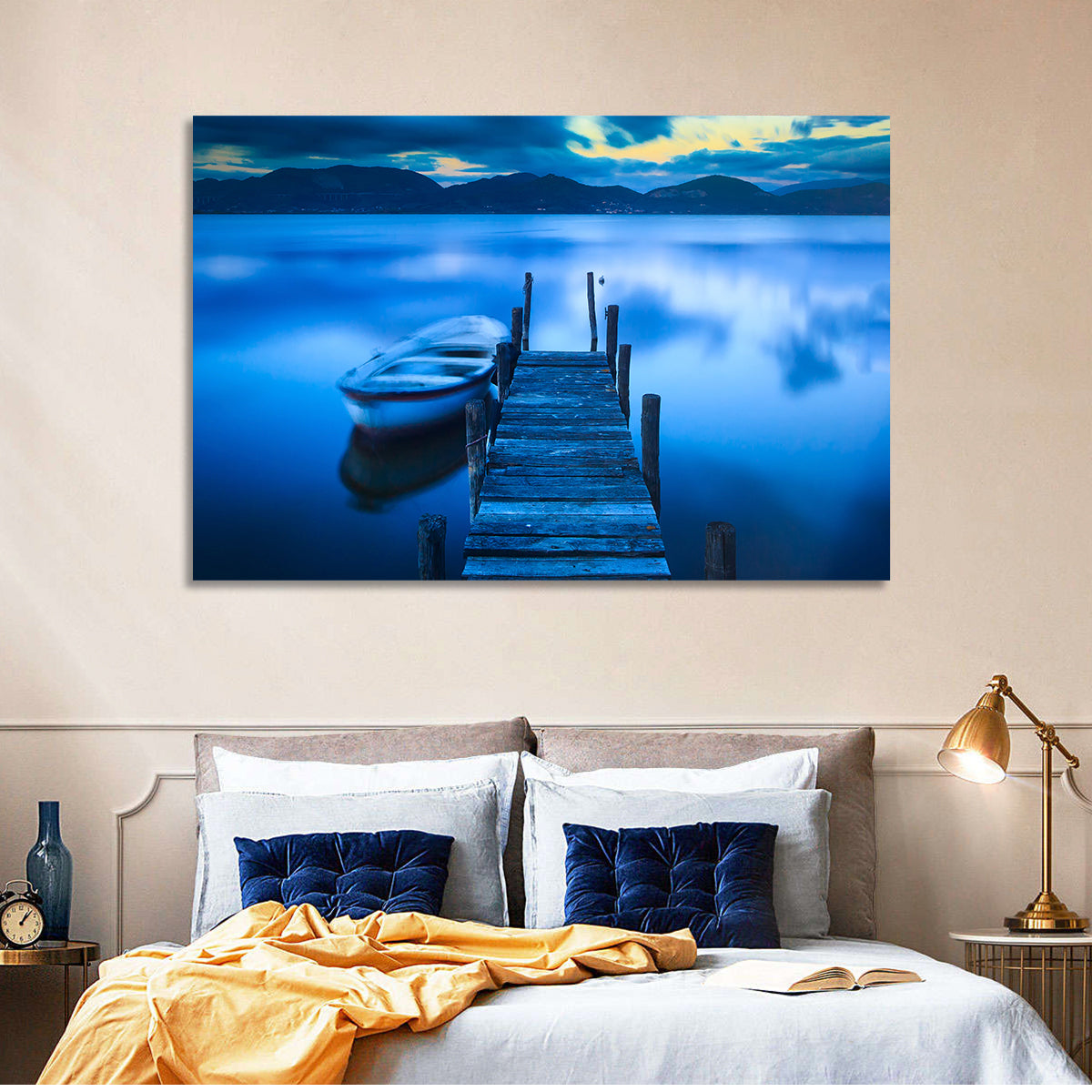 Boat and Wooden Pier Wall Art in a room, landscape